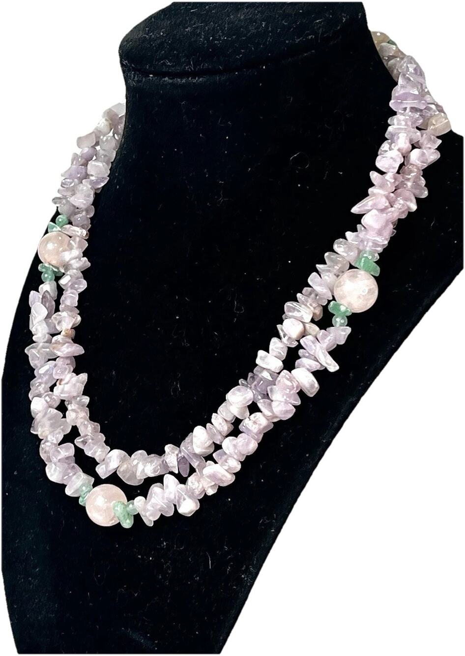 Vintage Jadeite, Amethyst, & Pink Rose Quartz Round Beaded 34" Long Necklace